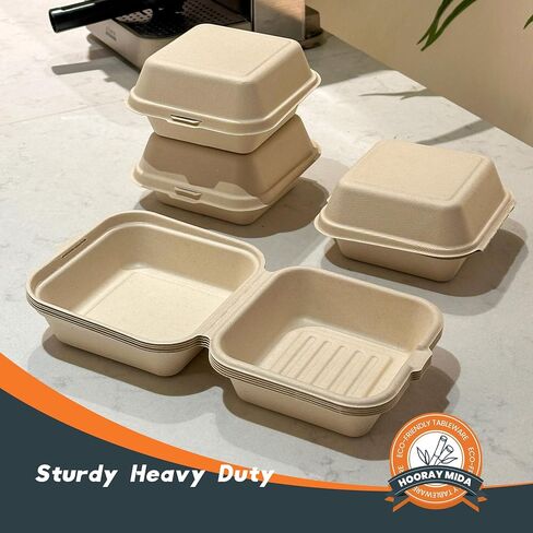 hooray mida togo Containers Disposable - 8"x8" 1-Compartment 50pcs clamshell Take Out Food Containers 100% Compostable, White Biodegradable Meal Prep Box, To Go Containers with Lids for Food in Saudi Arabia