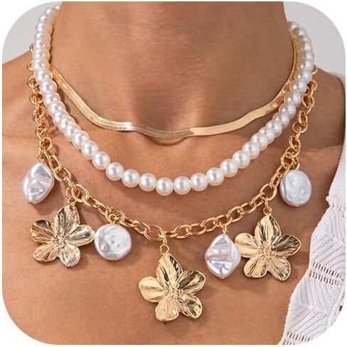 Chunky Gold Layered Choker Necklace for Women Trendy Large Flower Baroque Pearls Pendant Necklaces Fashion Pearls Beaded Floral Jewelry Balls Accessories in Saudi Arabia