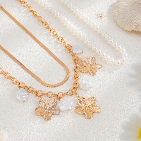 Chunky Gold Layered Choker Necklace for Women Trendy Large Flower Baroque Pearls Pendant Necklaces Fashion Pearls Beaded Floral Jewelry Balls Accessories in Saudi Arabia