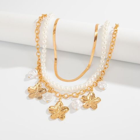 Chunky Gold Layered Choker Necklace for Women Trendy Large Flower Baroque Pearls Pendant Necklaces Fashion Pearls Beaded Floral Jewelry Balls Accessories in Saudi Arabia