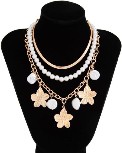 Chunky Gold Layered Choker Necklace for Women Trendy Large Flower Baroque Pearls Pendant Necklaces Fashion Pearls Beaded Floral Jewelry Balls Accessories in Saudi Arabia
