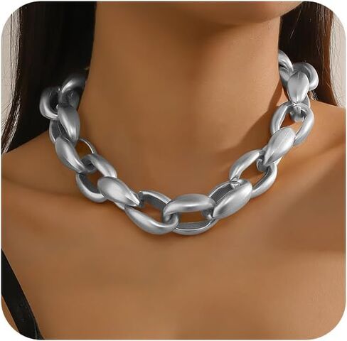 Chunky Cuban Chain Choker Necklaces Silver Punk Hip Hop Necklaces Exaggerated Heavy Link Chain Necklace Statement Collarbone Necklace for Party Costume Accessory Jewelry for Women in Saudi Arabia