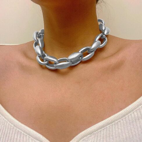 Chunky Cuban Chain Choker Necklaces Silver Punk Hip Hop Necklaces Exaggerated Heavy Link Chain Necklace Statement Collarbone Necklace for Party Costume Accessory Jewelry for Women in Saudi Arabia