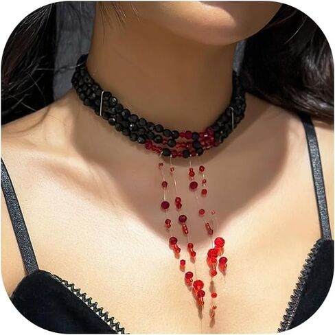 Dripping Blood Imitation Pearl Necklace for Women,Gothic Adjustable Blood Pearl Choker Necklace Punk Multilayered Beaded Tassel Necklace Halloween Jewelry Decorations in Saudi Arabia