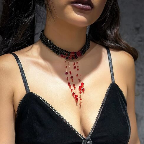 Dripping Blood Imitation Pearl Necklace for Women,Gothic Adjustable Blood Pearl Choker Necklace Punk Multilayered Beaded Tassel Necklace Halloween Jewelry Decorations in Saudi Arabia