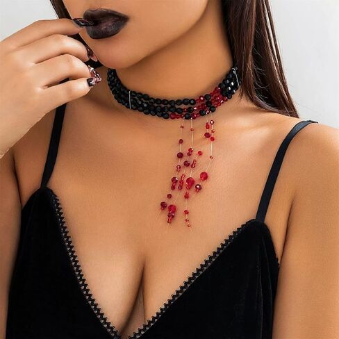 Dripping Blood Imitation Pearl Necklace for Women,Gothic Adjustable Blood Pearl Choker Necklace Punk Multilayered Beaded Tassel Necklace Halloween Jewelry Decorations in Saudi Arabia