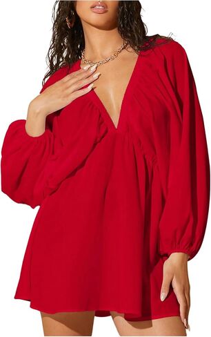 MakeMeChic Women's Deep V Neck Lantern Sleeve Dress Backless Summer Smock Mini Dresses in Saudi Arabia