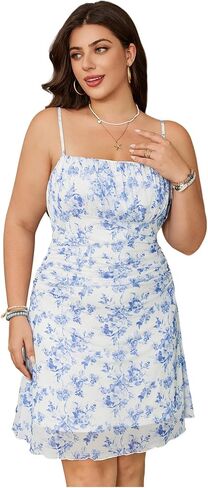 Verdusa Women's Plus Size Floral Ruched Mini Dress Backless Spaghetti Strap Dresses in Saudi Arabia