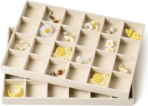 pickpiff Drawer Jewelry Organizer & Display Trays: 2pcs 12grid Velvet Stackable Jewelry Case (13.8x9.4x1.6inch) - Soft Beige Necklace Holder Bracelet Display Watch Box in Kuwait