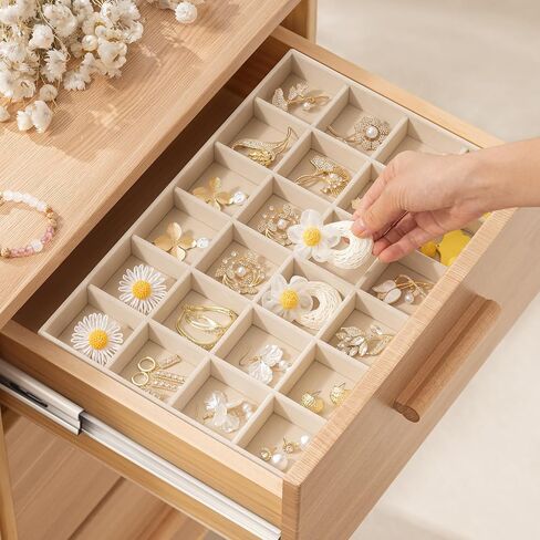 pickpiff Drawer Jewelry Organizer & Display Trays: 2pcs 12grid Velvet Stackable Jewelry Case (13.8x9.4x1.6inch) - Soft Beige Necklace Holder Bracelet Display Watch Box in Kuwait