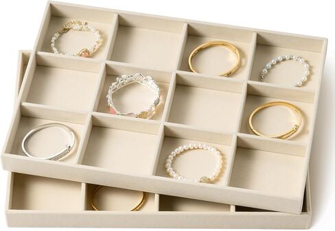 pickpiff Drawer Jewelry Organizer & Display Trays: 2pcs 12grid Velvet Stackable Jewelry Case (13.8x9.4x1.6inch) - Soft Beige Necklace Holder Bracelet Display Watch Box in Kuwait