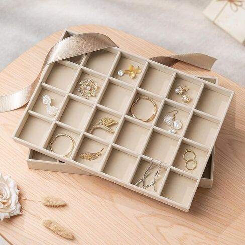 pickpiff Drawer Jewelry Organizer & Display Trays: 2pcs 12grid Velvet Stackable Jewelry Case (13.8x9.4x1.6inch) - Soft Beige Necklace Holder Bracelet Display Watch Box in Kuwait