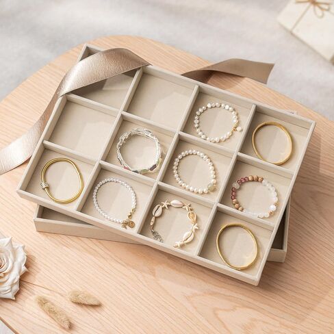 pickpiff Drawer Jewelry Organizer & Display Trays: 2pcs 12grid Velvet Stackable Jewelry Case (13.8x9.4x1.6inch) - Soft Beige Necklace Holder Bracelet Display Watch Box in Kuwait