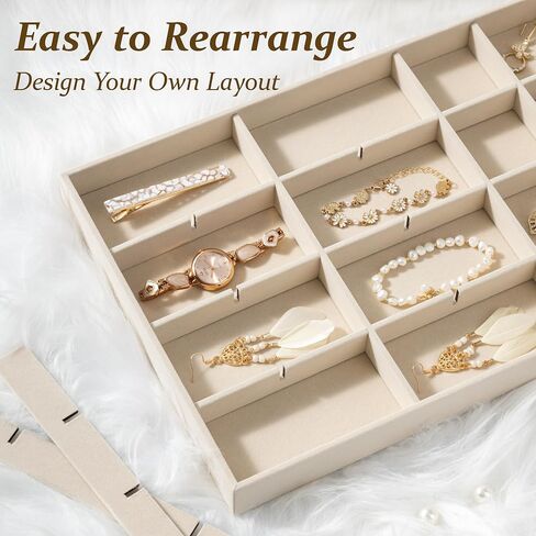 pickpiff Drawer Jewelry Organizer & Display Trays: 2pcs 12grid Velvet Stackable Jewelry Case (13.8x9.4x1.6inch) - Soft Beige Necklace Holder Bracelet Display Watch Box in Kuwait
