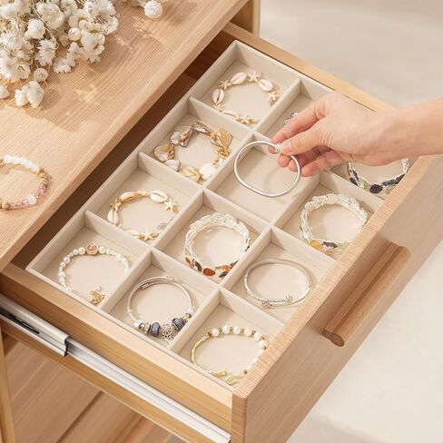 pickpiff Drawer Jewelry Organizer & Display Trays: 2pcs 12grid Velvet Stackable Jewelry Case (13.8x9.4x1.6inch) - Soft Beige Necklace Holder Bracelet Display Watch Box in Kuwait