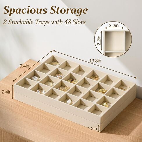 pickpiff Drawer Jewelry Organizer & Display Trays: 2pcs 12grid Velvet Stackable Jewelry Case (13.8x9.4x1.6inch) - Soft Beige Necklace Holder Bracelet Display Watch Box in Kuwait