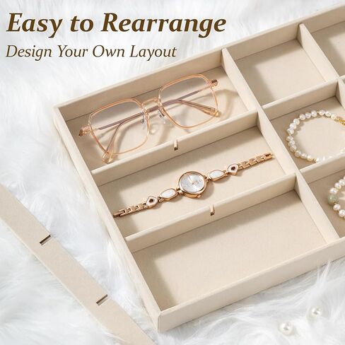 pickpiff Drawer Jewelry Organizer & Display Trays: 2pcs 12grid Velvet Stackable Jewelry Case (13.8x9.4x1.6inch) - Soft Beige Necklace Holder Bracelet Display Watch Box in Kuwait