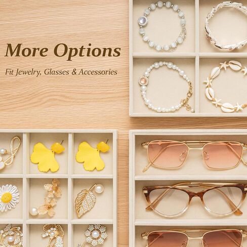 pickpiff Drawer Jewelry Organizer & Display Trays: 2pcs 12grid Velvet Stackable Jewelry Case (13.8x9.4x1.6inch) - Soft Beige Necklace Holder Bracelet Display Watch Box in Kuwait