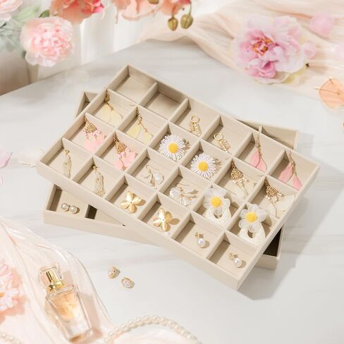 pickpiff Drawer Jewelry Organizer & Display Trays: 2pcs 12grid Velvet Stackable Jewelry Case (13.8x9.4x1.6inch) - Soft Beige Necklace Holder Bracelet Display Watch Box in Kuwait