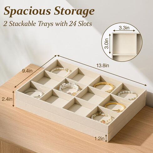 pickpiff Drawer Jewelry Organizer & Display Trays: 2pcs 12grid Velvet Stackable Jewelry Case (13.8x9.4x1.6inch) - Soft Beige Necklace Holder Bracelet Display Watch Box in Kuwait