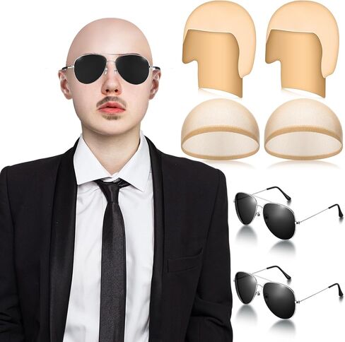 Mepase 6 Pcs Bald Caps with Glasses Bald Head Wig Cap Party Costume Accessories for Adults Women Men Halloween Cosplay(Wrinkle) in Saudi Arabia