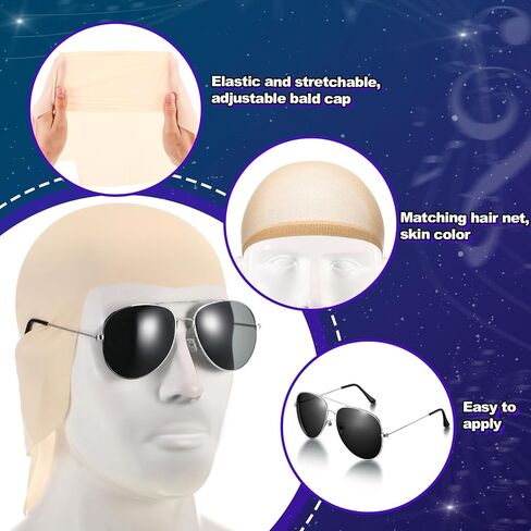 Mepase 6 Pcs Bald Caps with Glasses Bald Head Wig Cap Party Costume Accessories for Adults Women Men Halloween Cosplay(Wrinkle) in Saudi Arabia
