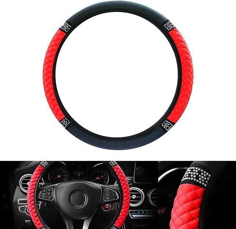 غطاء عجلة القيادة من أحجار الراين اللامعة للنساء، واقي عجلة قيادة مرن من الجلد الناعم مقاس 15 بوصة، ألماس كريستالي لامع للفتيات، إكسسوارات داخلية للسيارة لمعظم السيارات (وردي) in Kuwait
