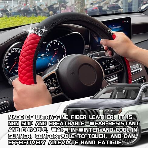 غطاء عجلة القيادة من أحجار الراين اللامعة للنساء، واقي عجلة قيادة مرن من الجلد الناعم مقاس 15 بوصة، ألماس كريستالي لامع للفتيات، إكسسوارات داخلية للسيارة لمعظم السيارات (وردي) in Kuwait