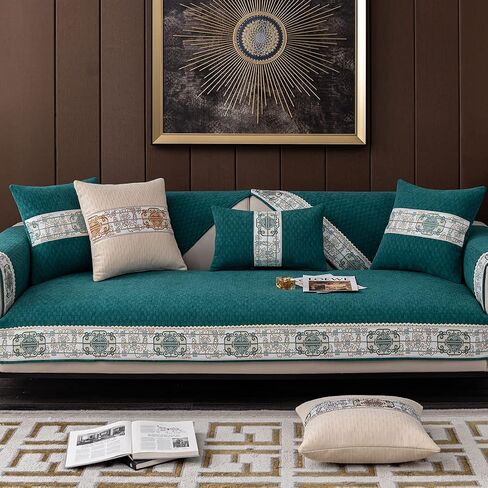 vctops Vintage Chenille Soft Couch Sofa Cover Floral Pattern Sectional Couch Cover Non-Slip Sofa Slipcover Furniture Protector for Pets Kids Children Dog Cat (Dark Green,36"x82") in Saudi Arabia