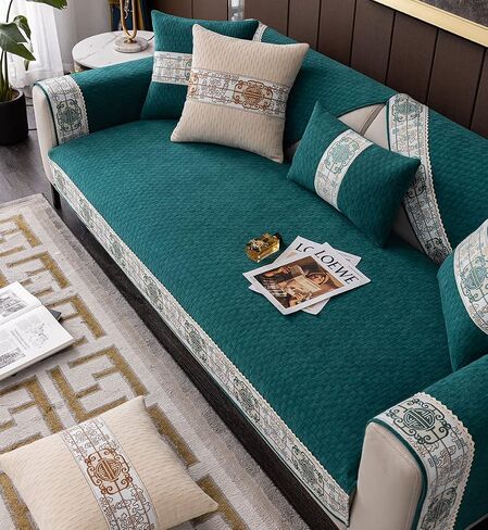 vctops Vintage Chenille Soft Couch Sofa Cover Floral Pattern Sectional Couch Cover Non-Slip Sofa Slipcover Furniture Protector for Pets Kids Children Dog Cat (Dark Green,36"x82") in Saudi Arabia