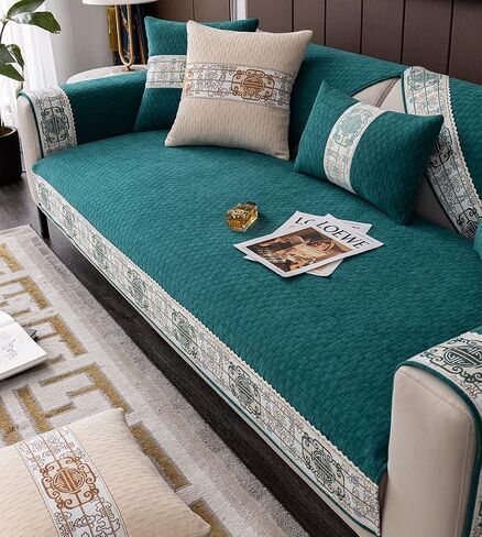 vctops Vintage Chenille Soft Couch Sofa Cover Floral Pattern Sectional Couch Cover Non-Slip Sofa Slipcover Furniture Protector for Pets Kids Children Dog Cat (Dark Green,36"x82") in Saudi Arabia