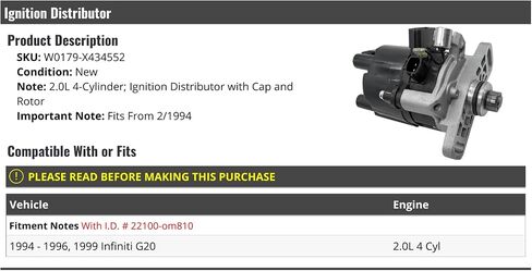 Ignition Distributor with Cap and Rotor - Compatible with 1994-1996, 1999 Infiniti G20 2.0L 4-Cylinder With Distributor ID 22100OM810 (From 2/1994) in Saudi Arabia