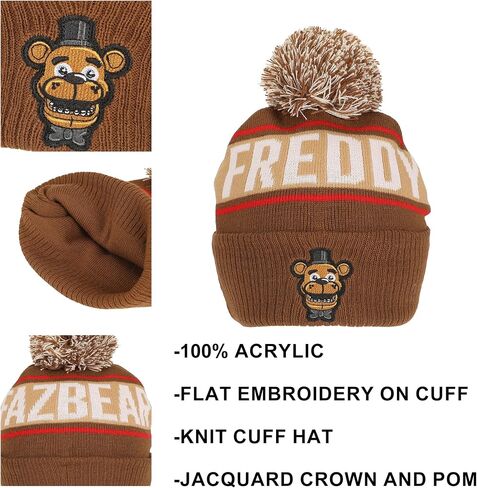 Five Nights at Freddy's Freddy Fazbear Fuzzy Jaquard and Freddy Embroidery Knit Cuff Beanie with Pom Cuff Beanie in Saudi Arabia