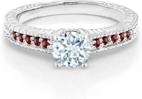 خاتم خطوبة من الفضة الإسترليني 925 من Gem Stone King باللون الأزرق السماوي والزبرجد الأحمر للنساء (0.95 قيراط، حجر ميلاد من الأحجار الكريمة، متوفر بمقاس 5، 6، 7، 8، 9) in Saudi Arabia