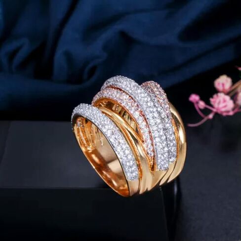 Luxury Design Gold Geometry Cubic Zirconia Big Wedding Finger Ring in Saudi Arabia