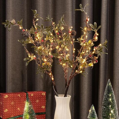 3 PCS Lighted Christmas Evergreen Sprig Branches Tree, Handmade Leaf Design with Snowflake Berries & Pine Cones, 147 Lights in Total, Timer and Battery Operated for Home Vase Indoor Outdoor in Saudi Arabia
