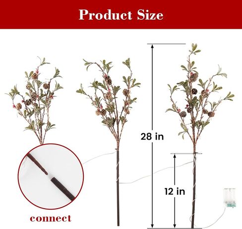3 PCS Lighted Christmas Evergreen Sprig Branches Tree, Handmade Leaf Design with Snowflake Berries & Pine Cones, 147 Lights in Total, Timer and Battery Operated for Home Vase Indoor Outdoor in Saudi Arabia