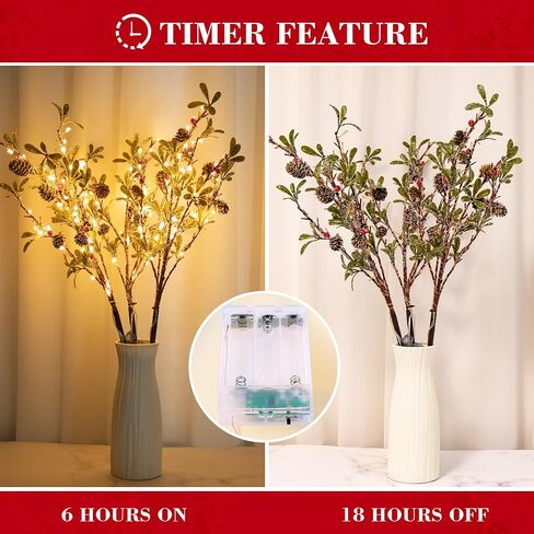 3 PCS Lighted Christmas Evergreen Sprig Branches Tree, Handmade Leaf Design with Snowflake Berries & Pine Cones, 147 Lights in Total, Timer and Battery Operated for Home Vase Indoor Outdoor in Saudi Arabia
