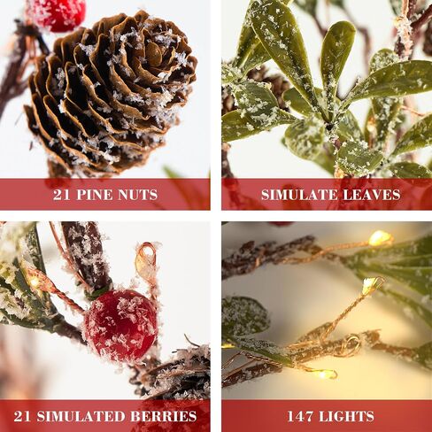 3 PCS Lighted Christmas Evergreen Sprig Branches Tree, Handmade Leaf Design with Snowflake Berries & Pine Cones, 147 Lights in Total, Timer and Battery Operated for Home Vase Indoor Outdoor in Saudi Arabia