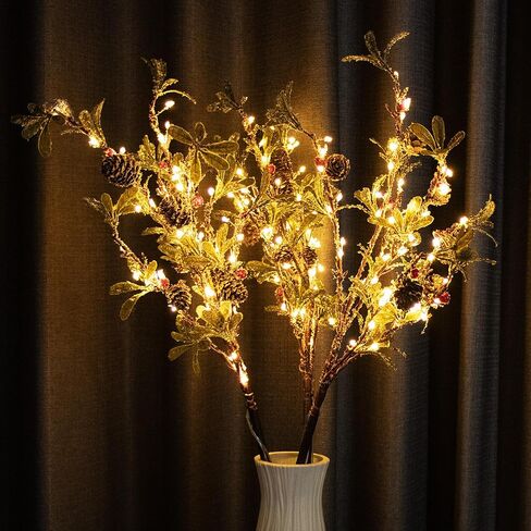 3 PCS Lighted Christmas Evergreen Sprig Branches Tree, Handmade Leaf Design with Snowflake Berries & Pine Cones, 147 Lights in Total, Timer and Battery Operated for Home Vase Indoor Outdoor in Saudi Arabia