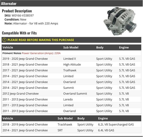 Alternator - 220 Amp - Compatible with 2011-2021 Jeep Grand Cherokee Sport Utility V8 in Saudi Arabia
