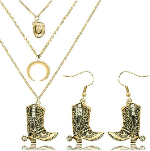 2Pcs Western Cowboy Boots Earrings Necklace Set Rodeo Cowboy Boots Earrings Layered Western Cowgirl Necklace for Women Cowgirl Hat Moon Pendant Jewelry Set for Country Concert Outfits in Saudi Arabia
