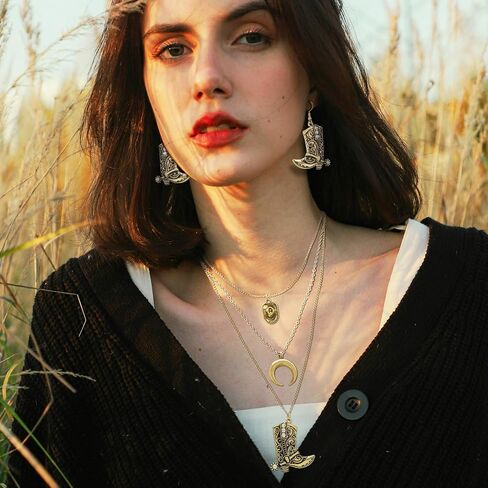 2Pcs Western Cowboy Boots Earrings Necklace Set Rodeo Cowboy Boots Earrings Layered Western Cowgirl Necklace for Women Cowgirl Hat Moon Pendant Jewelry Set for Country Concert Outfits in Saudi Arabia
