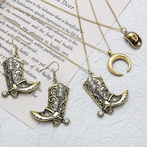 2Pcs Western Cowboy Boots Earrings Necklace Set Rodeo Cowboy Boots Earrings Layered Western Cowgirl Necklace for Women Cowgirl Hat Moon Pendant Jewelry Set for Country Concert Outfits in Saudi Arabia