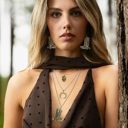 2Pcs Western Cowboy Boots Earrings Necklace Set Rodeo Cowboy Boots Earrings Layered Western Cowgirl Necklace for Women Cowgirl Hat Moon Pendant Jewelry Set for Country Concert Outfits in Saudi Arabia