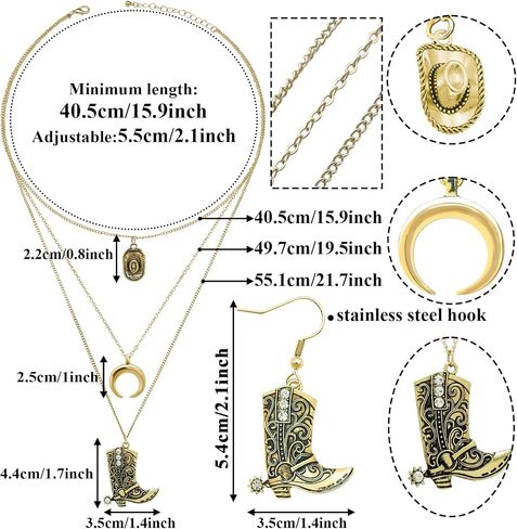 2Pcs Western Cowboy Boots Earrings Necklace Set Rodeo Cowboy Boots Earrings Layered Western Cowgirl Necklace for Women Cowgirl Hat Moon Pendant Jewelry Set for Country Concert Outfits in Saudi Arabia