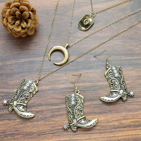 2Pcs Western Cowboy Boots Earrings Necklace Set Rodeo Cowboy Boots Earrings Layered Western Cowgirl Necklace for Women Cowgirl Hat Moon Pendant Jewelry Set for Country Concert Outfits in Saudi Arabia