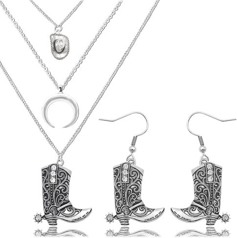 2Pcs Western Cowboy Boots Earrings Necklace Set Rodeo Cowboy Boots Earrings Layered Western Cowgirl Necklace for Women Cowgirl Hat Moon Pendant Jewelry Set for Country Concert Outfits in Saudi Arabia