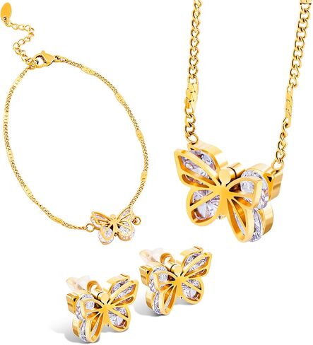مجموعات مجوهرات للنساء من 3 قطع، طقم أقراط وقلادة على شكل فراشة مطلية بالذهب عيار 18 قيراط، سوار وقلادة قابلة للتعديل مجوهرات عصرية للنساء، هدية عيد الحب in Kuwait