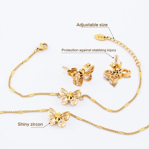 مجموعات مجوهرات للنساء من 3 قطع، طقم أقراط وقلادة على شكل فراشة مطلية بالذهب عيار 18 قيراط، سوار وقلادة قابلة للتعديل مجوهرات عصرية للنساء، هدية عيد الحب in Kuwait